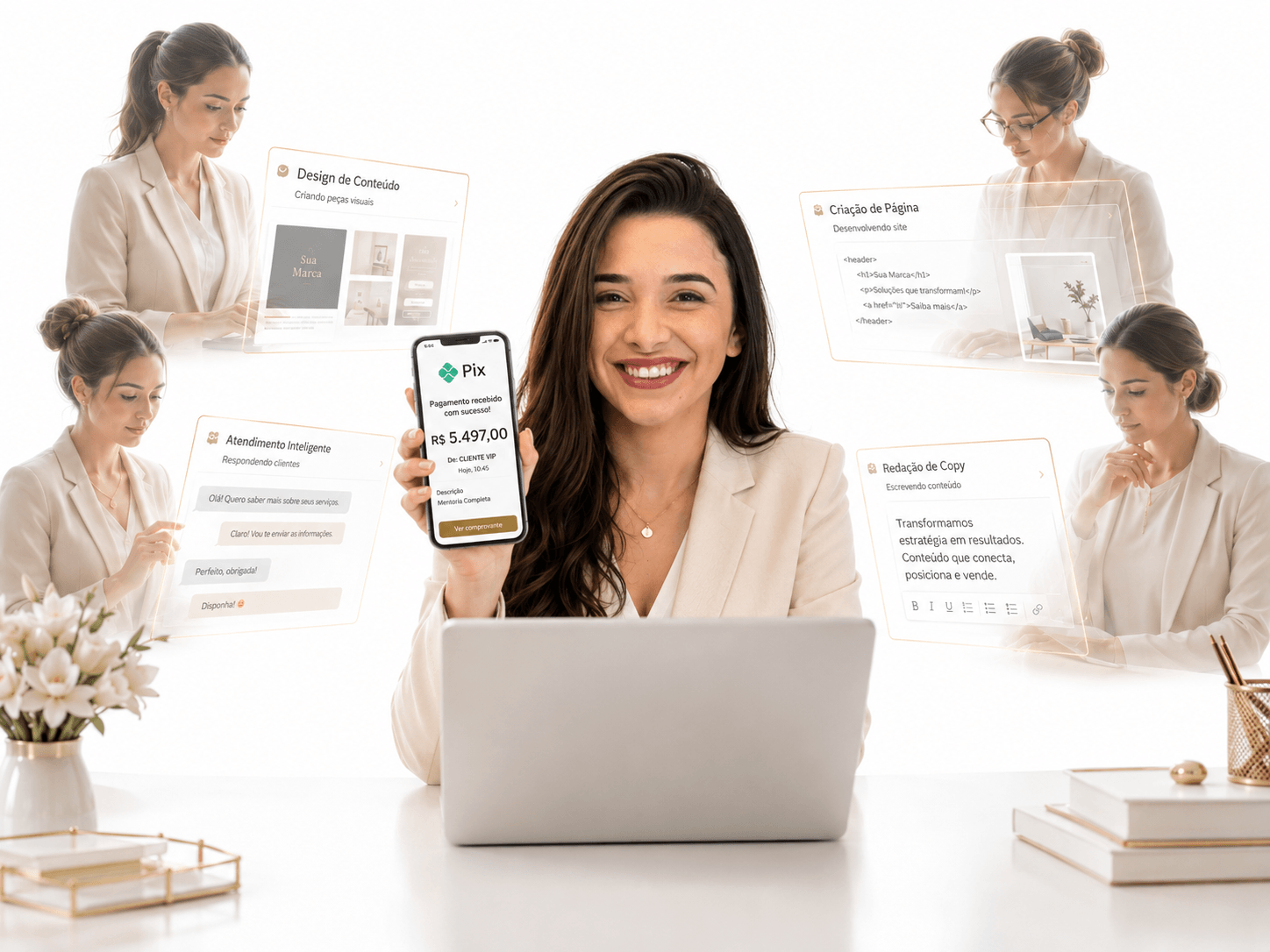 Suas novas funcionárias: designer, redatora, programadora e atendente virtual trabalhando para você