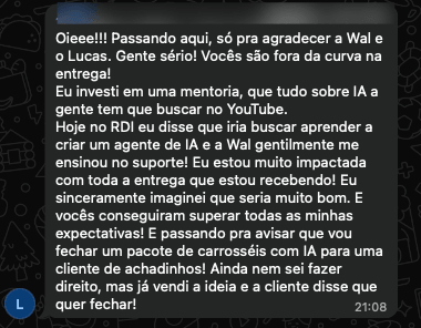 Aluna agradecendo pelo suporte e fechando pacote de carrosséis com IA